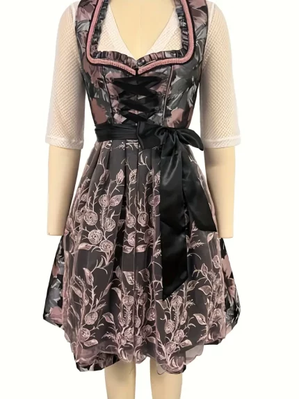 Jacquard Dress Embroidered Mesh Satin Base Fabric Apron V-Neck Mid-Sleeve Blouse