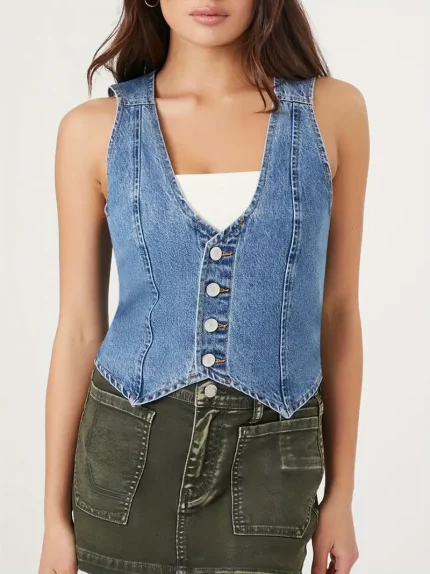 Chic Blue Denim Vest for Women - Sleeveless, Button-Up, Slim Fit Gilet - Perfect