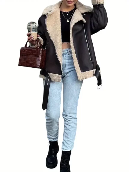 Women Coat Winter Lapel Collar Fleece Lining Long Sleeve Zipper Jacket Outwear with Pockets