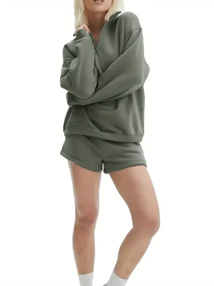 Women Shorts Set Spring Sweatsuit Long Sleeve Stand Collar Zipped Sweatshirt with Shorts Fall Outfit