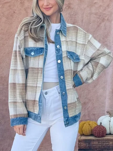 Women's Casual Denim Jeacket Trendy Washed Denim Detail Brushed Plaid Outerwear