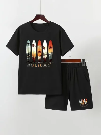 Boys' Outdoor Fashion Casual Summer Outfit, Boys' Short Sleeve Set, Colorful Print Beach Vacation Style