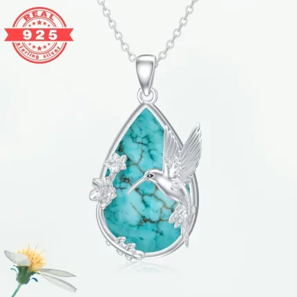 Hummingbird Necklace Teardrop Turquoise Gemstone Hummingbird