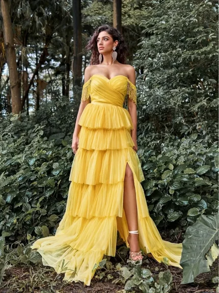 Elegant Off-Shoulder Tiered Ruffled Hem Party Dress for Women - Vibrant Yellow Formal Gown