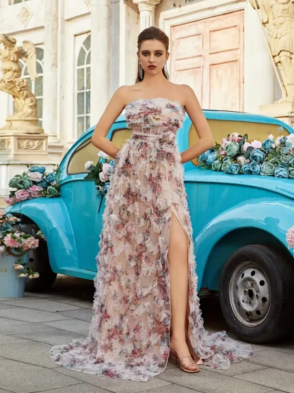 QOQ Elegant Off-Shoulder Floral Print Maxi Dress for Women - Sleeveless