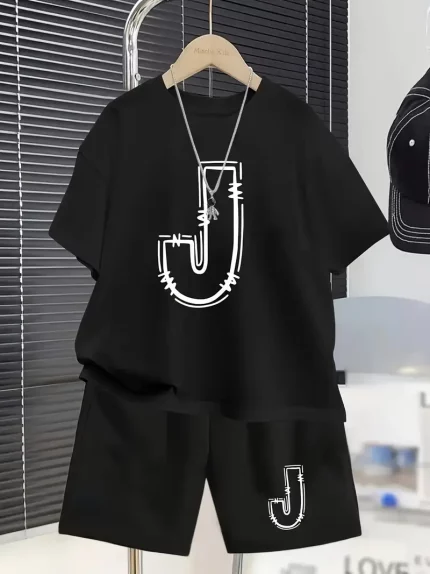 Youth Boys' J-Letter Casual Summer Short Sleeve Set - White T-Shirt & Black Shorts with White "J" Design, Polyester