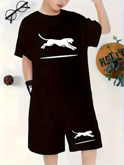 Teen Boys' Leopard Print Casual Summer Short Sleeve Set, Fashionable Outdoor Sports Fitness Spring/Summer T-Shirt