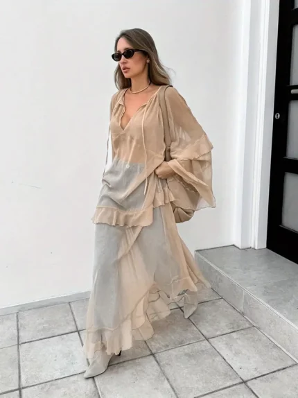 Women'S Elegant Khaki Ruffle Hem Dress - Flowy V-Neck Long dress, All-Season Formal & Casual Outfits