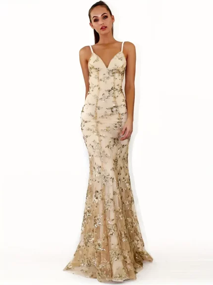 Women'S Spaghetti Strap V-neck Backless Lace Sequin Patchwork Back Lace Up Dress