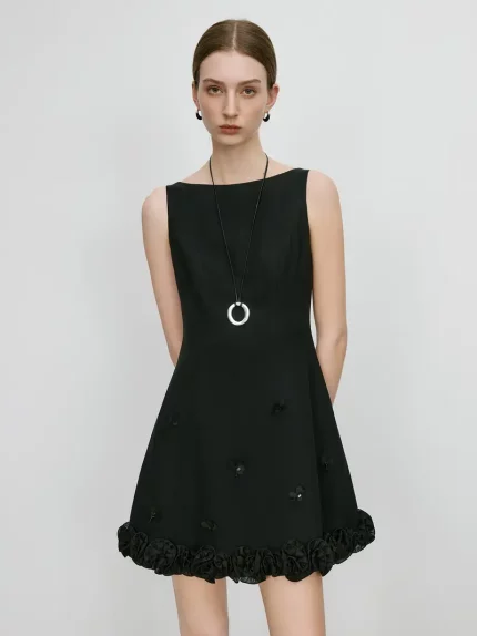 FSLE Women's Off-the-Shoulder A-Line Dress with Floral Lace Sleeves - 100% Acetate Lightweight