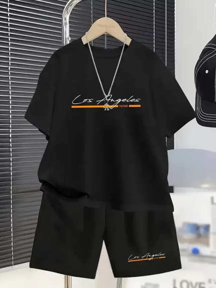 Boys Los Angeles Style Casual sportswear White short-sleeved T-shirt and black shorts suit, breathable polyester