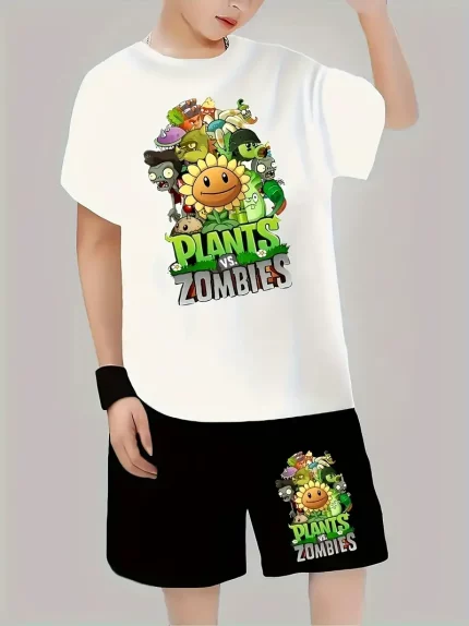 Boys' Zombie Game Theme Print T-Shirt - Vibrant Cartoon Character Design, Stylish Summer Casual Short