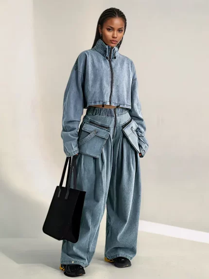 Women'S Two Piece Long Sleeve Zipper Denim Overalls And Wide Leg Pants Elegant Set