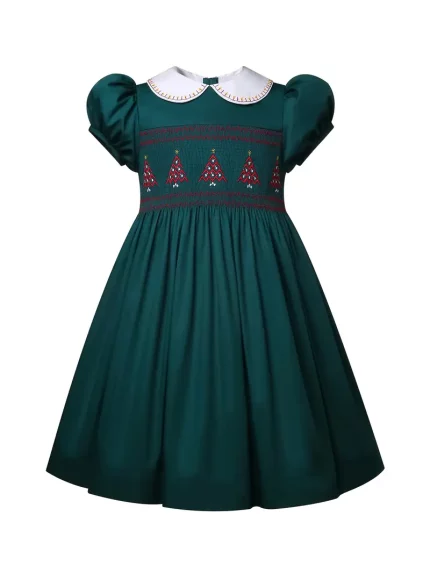 Girls' Vintage Christmas Embroidered Dress with Puff Sleeves & Smocked Waist - Emerald
