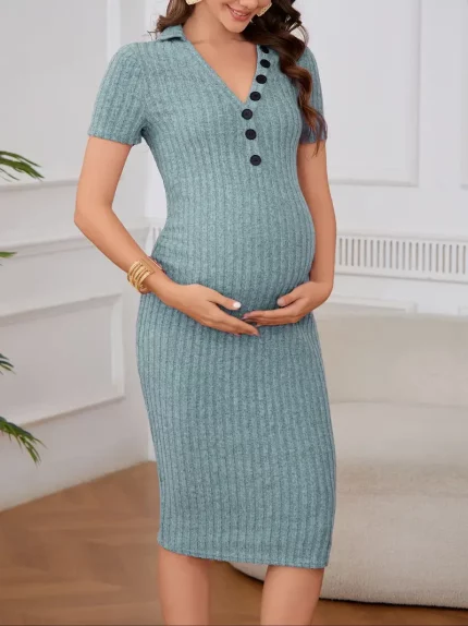 Women'S Maternity Dress V Neck Short Sleeve Button Ribbed Bodycon Dress
