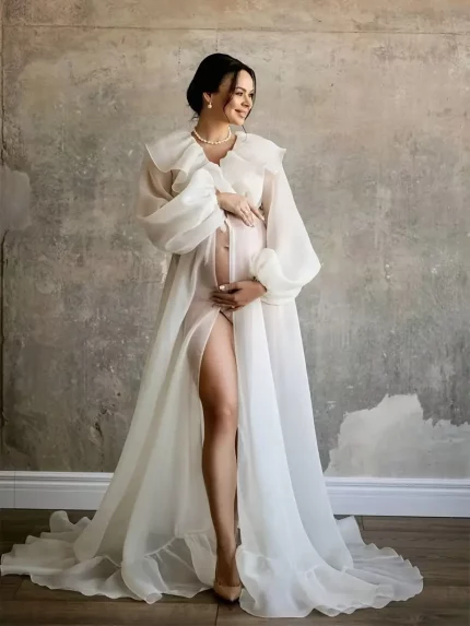 Sexy Maternity Chiffon Maxi Dress with Ruffle Detail and Tie-Back Waist - Long Sleeve