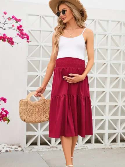 Women's Navy Blue Maternity Skirt - Vintage Style, High Waist, Flowy Swing with Pockets