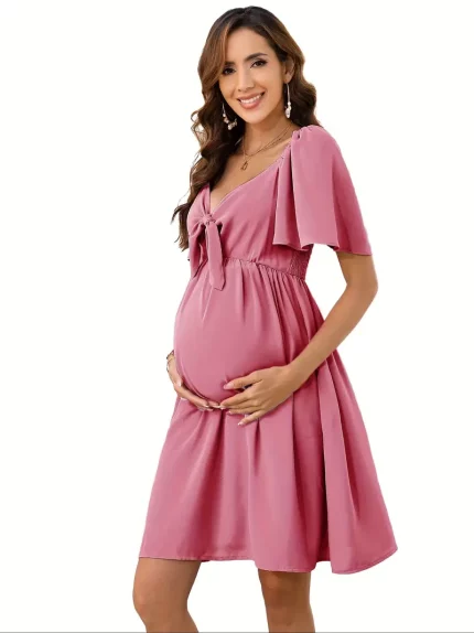 Maternity Dresses for Baby Shower Women's Knotted V Neck Knee Length Wrap Baby