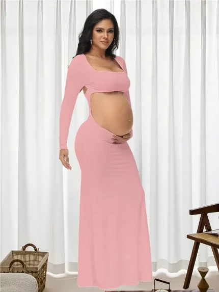 Maternity Photography Dress - Stretchy Knit Cut-Out Backless Long Sleeve