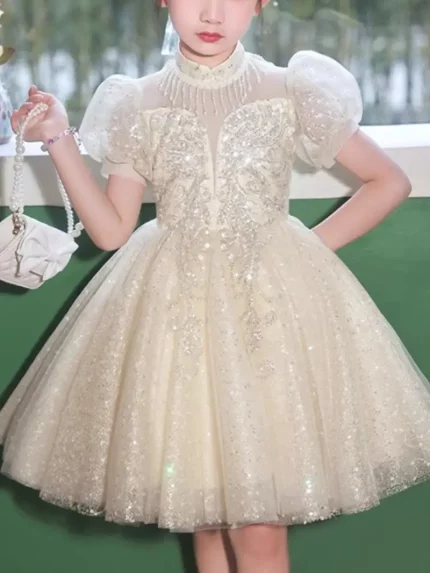 Champagne Sequined Celebration Gown | Sheer Tulle Fringe & 3D Floral