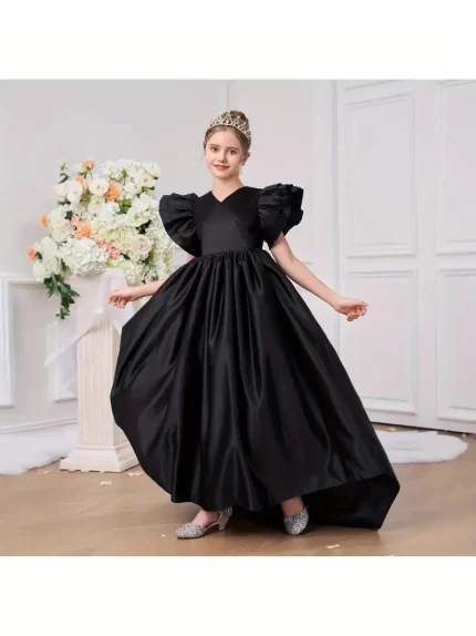Princess Dress Black Tail Sleeve Set with Crown, Made of Non-Stretch Fabric