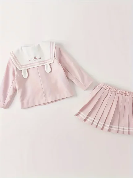 DAVE&BELLA Little Girl Preppy Two-piece Bow Sailor Collar Jacket Cardigan + Pleated