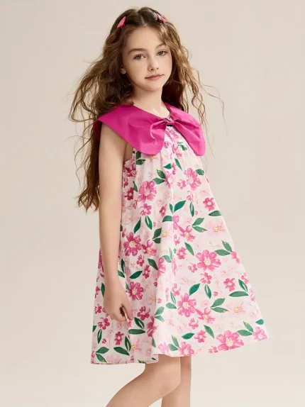ASK JUNIOR Girls' Summer Dress - 100% Cotton Breathable Floral Print Sleeveless