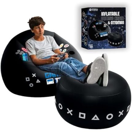 FranFusion Inflatable Gaming Chair for Kids & Teens with Cup Holders and Side Pocket - This Air Bean Bag Game Chair is The Perfect Furniture for Gamer Room D??cor (Gaming Time with Ottoman)