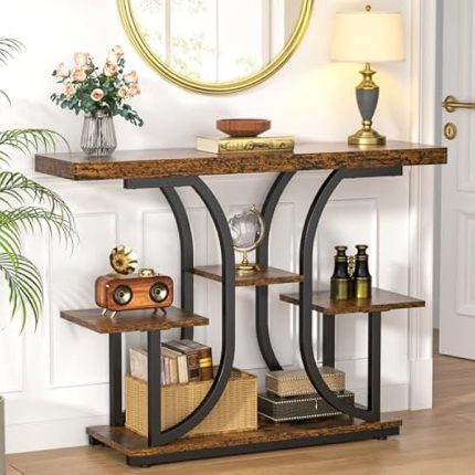 ikkle 42.5" Console Table, Industrial 4-Tier Sofa Table Entryway Table with Curved Base, Narrow Wood Accent Tables with Storage Shelves for Living Room, Hallway, Foyer, Rustic Brown