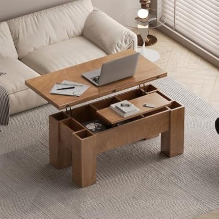 Lift Top Wood Coffee Table with Hidden Compartment Storage for Home Living Room, 43-Inch Large Lifting Rectangle Center Tea Tables with Square Dining Tabletop and Wooden Legs for Apartment, Brown Oak