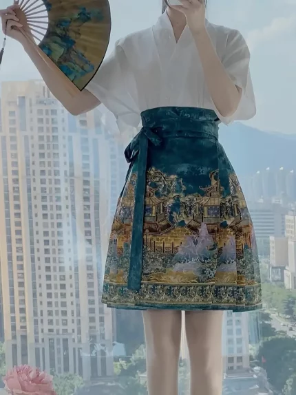 Vintage Palace Print Pleated Skirt, High-rise Sash Draped Mamianqun Skirt