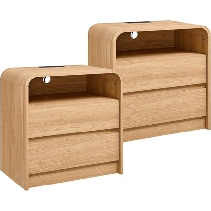25" Tall Modern Nightstand Set of 2, 23.6'' Wide Wood Bedside Table w/2 Storage Drawers, Charging Station, Mid Century End Table for Bedroom, Living Room,Curved Profile Design, Natural Oak