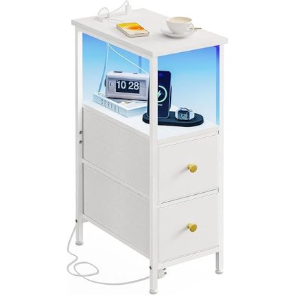 Fixwal Narrow Side Table with Charging Station and LED Light, Skinny Nightstand with 2 Fabric Drawers, Slim End Table for Bedroom, Dorm, Small Space, White