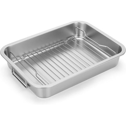 Tifanso Stainless Steel Roasting Pan - Heavy Duty Turkey Roasting Baking Broiler Oven Pan with Rack and Handle for Oven, High Sided Easy to Clean Induction Roast Tray for Chicken, Vegetable, Lasagna