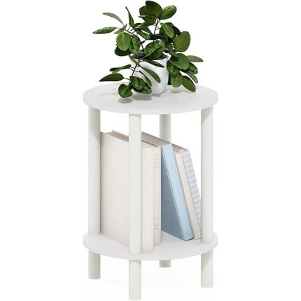 Furinno Turn-N-Tube 2-Tier Round Wooden End Table, Side Table, White/White