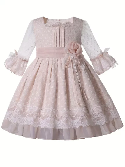 Girls' Vintage Polka Dot & Lace Formal Dress with Ruffled Sleeves & Ribbon