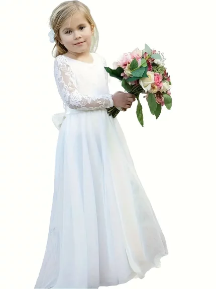 Girls' Elegant Lace Straight Back Full-Length Tutu Chiffon Party Dress with Floral Bouquet - Slim