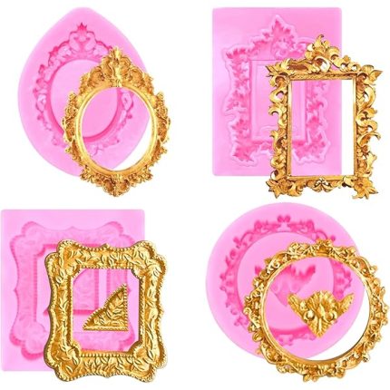 4Pcs Silicone Frame Molds for Chocolate, Mini Air Dry Clay Molds, Polymer Clay Molds, Photo Frame Molds for Crafts Cupcake Topper Cake Decoration Chocolate Candy