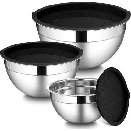 LIANYU Mixing Bowls with Lids Set of 3, Large & Small Stainless Steel Nesting Metal Bowls for Kitchen Storage, Dishwasher Safe, Size 1.5QT & 3QT & 4.6QT, Black