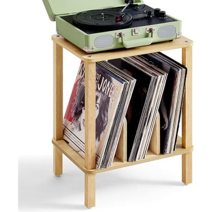 LELELINKY 2-Tier Bamboo Record Player Stand with Vinyl Record Storage up to 100 Albums, Boho Bedroom Record Holder and Multi-Functional End Table for Living Room, Natural