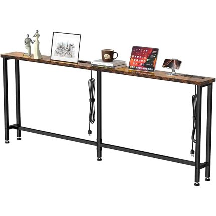 GRLEAF 70" Sofa Table with Built-in Power Strip (4 AC Outlets & 4 USB Ports) ?C 4.9ft Power Cord, Metal Frame, Easy Assembly, Long Couch Table Behind Sofa, Living Room and Home Office | Rustic Brown