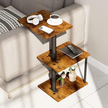 Swivel Side Table for Couch Arm, Height Adjustable C Shaped End Table for Recliner or Bed, Tv Trays with Storage Shelf for Small Spaces- Small Nightstand for Living Room, Bedroom