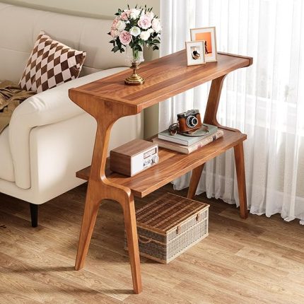Tribesigns Solid Wood End Table, Modern Narrow Side Table with Storage Shelves, 2-Tie Skinny Sofa Side Table for Living Room, Farmhouse Tall Bedside Table, Nightstand for Bedroom, Cherry