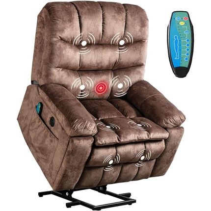 Phoenix Home Large Power Lift Recliner with Massage and Heat for Elderly, Heavy Duty & Safety Motion Reclining Mechanism, Ergonomic Electric Wider Chair with USB Port, 2 Hidden Cup Holders, Brown2