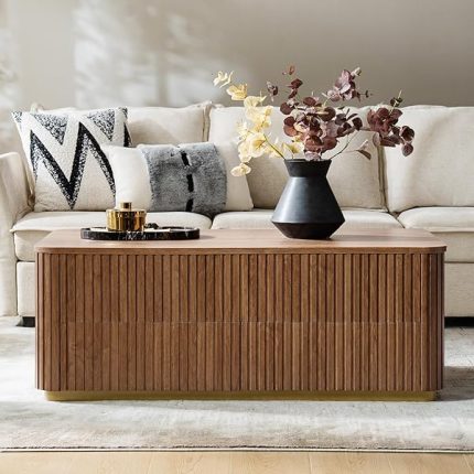 HULALA HOME 47.75" Lift Top Coffee Table with Storage, Large Modern Coffee Table with Drawers, Fluted Center Table for Living Room, Apartment, Office, Acorn