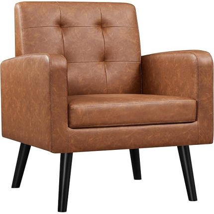 Yaheetech Mid-Century Accent Chairs, PU Leather Modern Upholstered Living Room Chair, Cozy Armchair Button Tufted Back and Wood Legs for Bedroom/Office/Cafe, Retro Brown