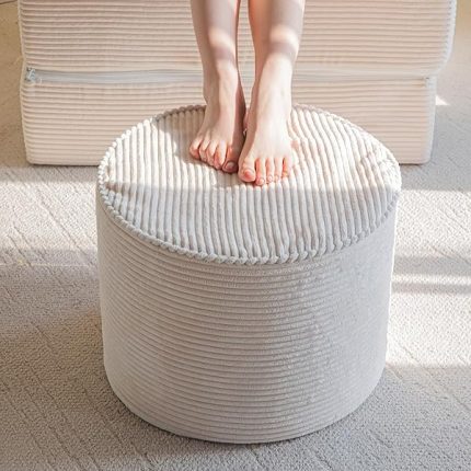 HIGOGOGO Round Stuffed Pouf Ottoman, Corduroy Poufs with High-Density Foam Filling, Furry and Fluffy Pouf Foot Stool Storage Ottoman, 17.7 x 13.8 Floor Poufs Foot Rest for Living Room??Beige