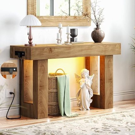 Unikito 47" Entryway Table with Socket and Sensor Light, Narrow Console Table with Storage Behind Couch, Farmhouse Entry Way Tables with Open Storage for Entrance/Hallway/Living Room, Natural Oak