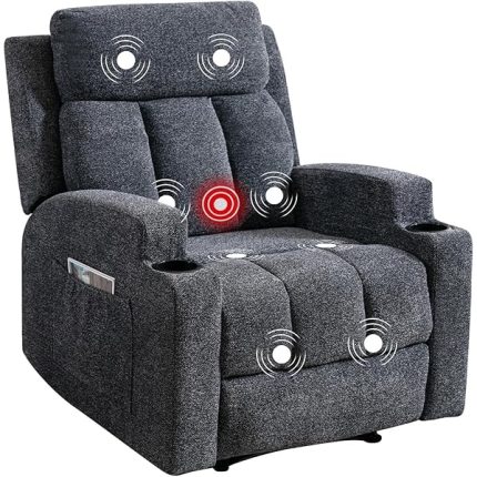 Phoenix Home Manual Recliner Chair with Massage and Heat Ergonomic Overstuffed Breathable Fabric Reclining Chair with 2 Side Pockets, 2 Cup Holders, Remote Control, Living Room, Bedroom,Dark Gray
