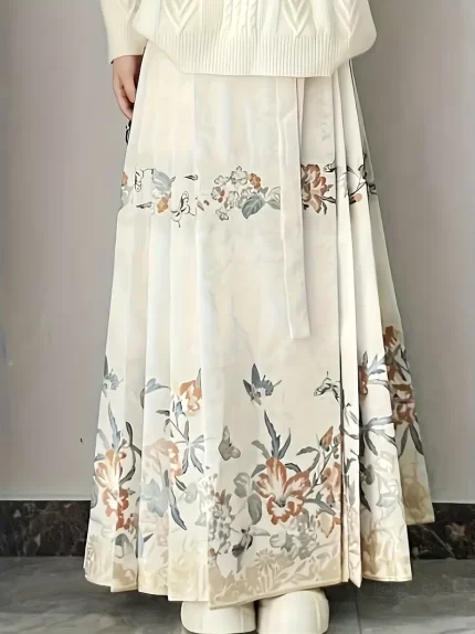 Traditional Chinese Style Women's Floral Print Loose-Fit Maxi Skirt - Machine